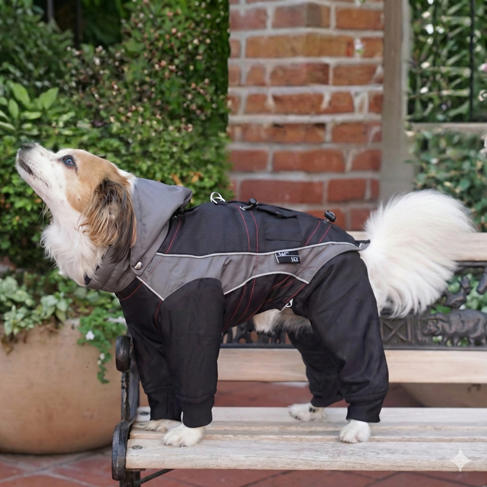 dog coat with reflective trim and harness hole YAP features