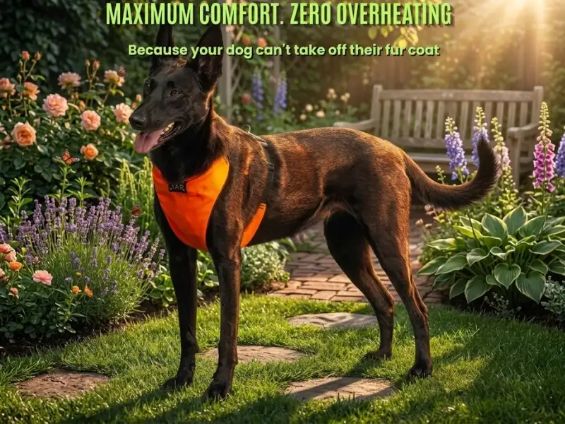 Techno dog harnesses with zero overheating and feels totally comfort in garden having sunlight on dog. yapstores tecno dog harness