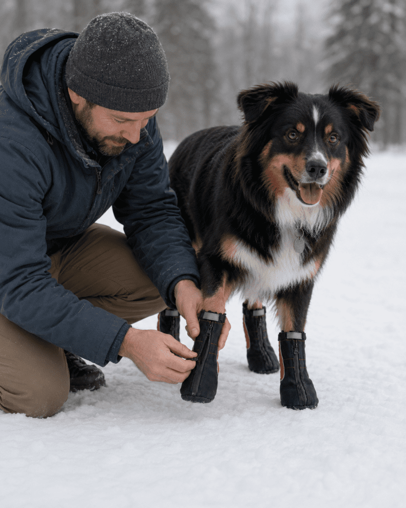 YAP USA Engineered Harnesses & Specialized Field Gear for All-Sized Dogs 26 Adult kneeling man fastening waterproof dog boots on a medium-sized tricolor dog’s paws in snow, demonstrating secure fit and all-weather protection. Boots are black with red side panels and reflective straps.