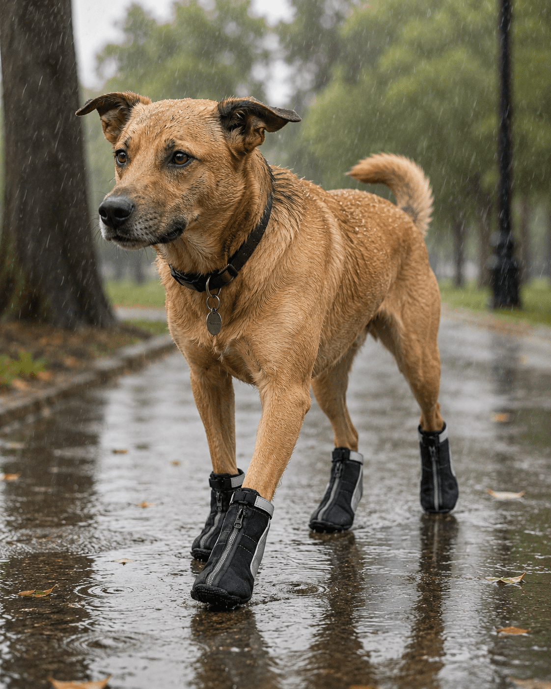 Waterproof dog boots protecting dog paws in rain and wet trail conditions YAP USA
