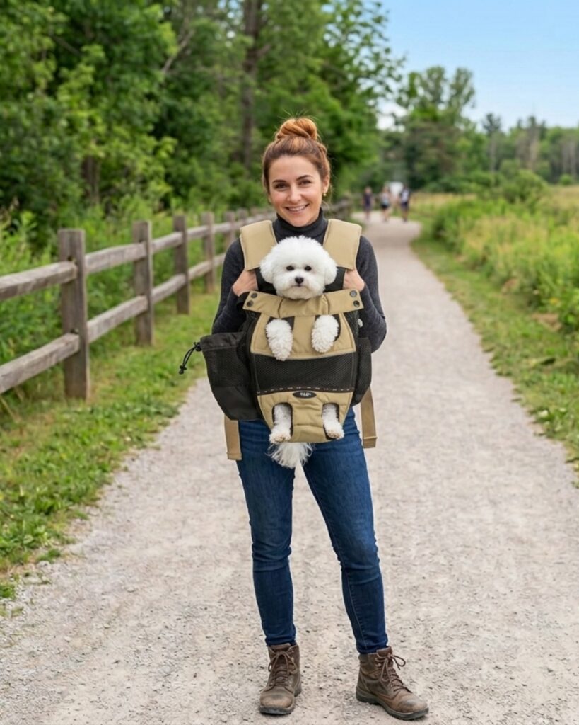 YAP USA Engineered Harnesses & Specialized Field Gear for All-Sized Dogs 26 A smiling woman standing on a nature trail with her white dog safely and comfortably secured in a tan Yap Sak dog carrier on her chest.