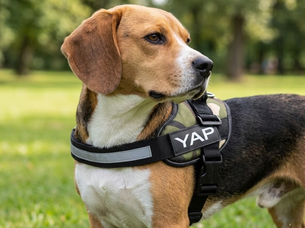 Correctly sized harness with adjustable straps for a secure fit on a dog YAP USA