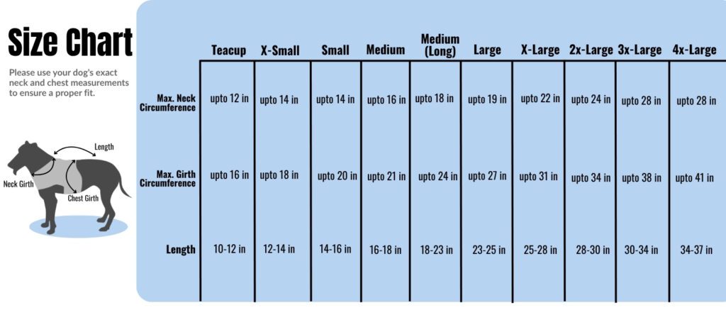 Vitesse Dog Coat for Active Cold Weather size chart - dog coat sizing guide